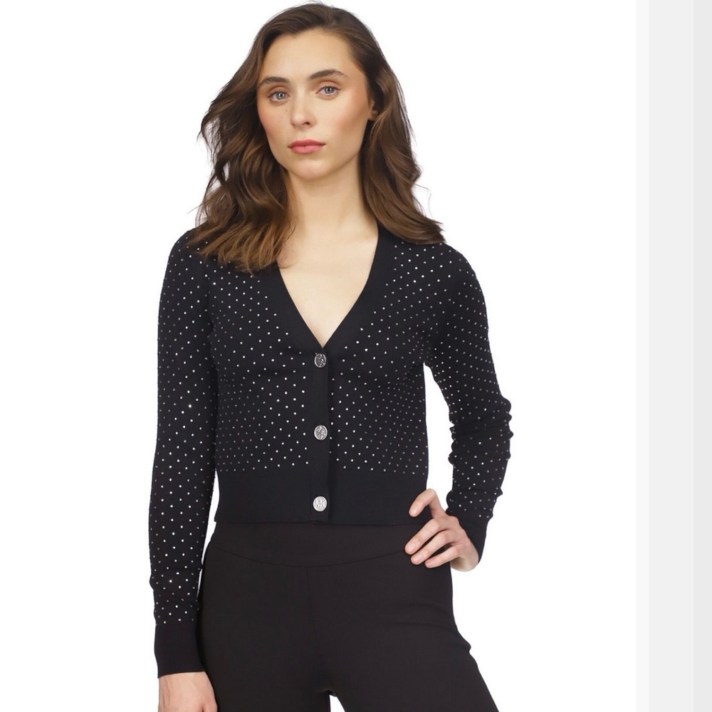 Michael Kors NWOT Black Rhinestone V Neck Cardigan Sweater size Large
